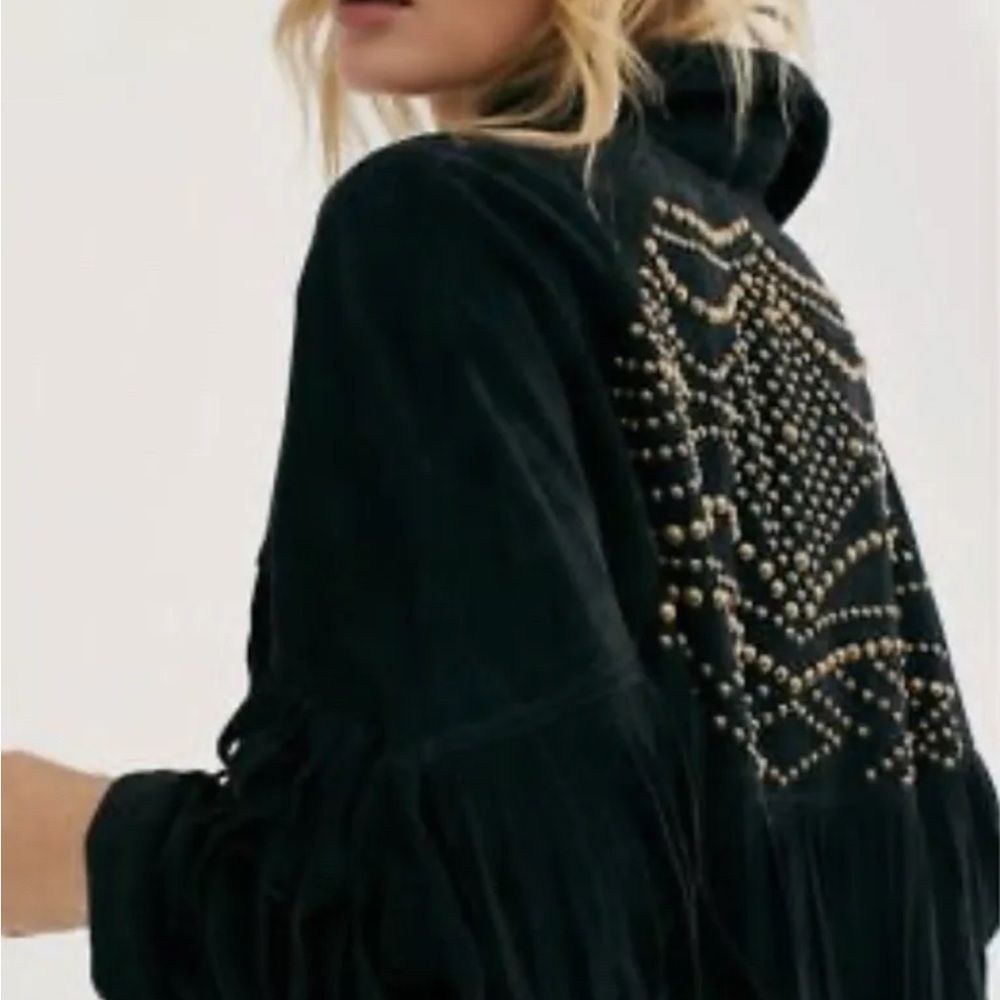 Free People The Lucky Ones Suede Jacket Fringed Studded Snap Front Black - Picture 3 of 7